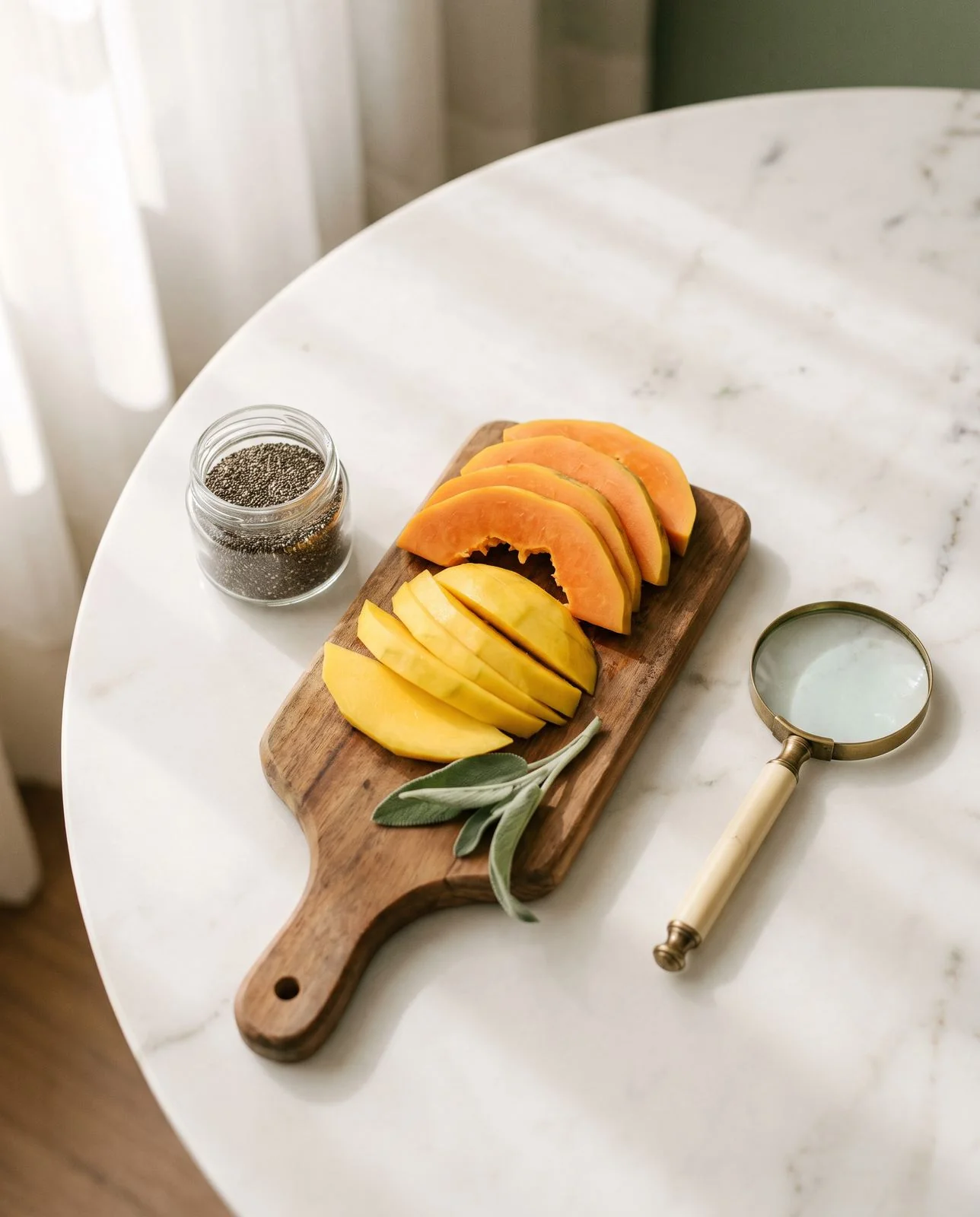 Mamão e manga fatiados em tábua de madeira, com frasco de chia e lupa ao lado, em mesa de mármore cream